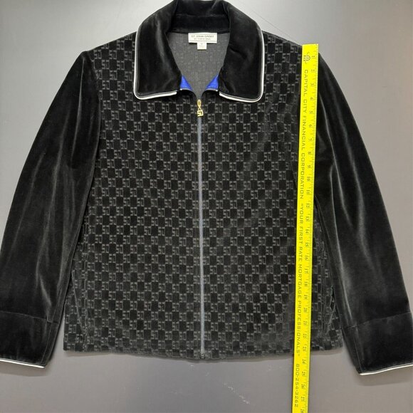 Y2K St. John Sport‎ Marie Gray Black Impressed Logo Velour Jacket Rich Mobwife - Picture 5 of 12
